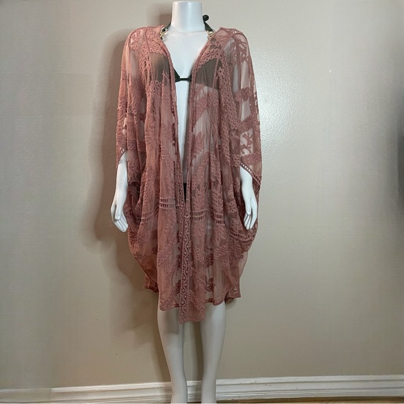 Dusty pink embroidered leaves mesh lace beach cover up kimono